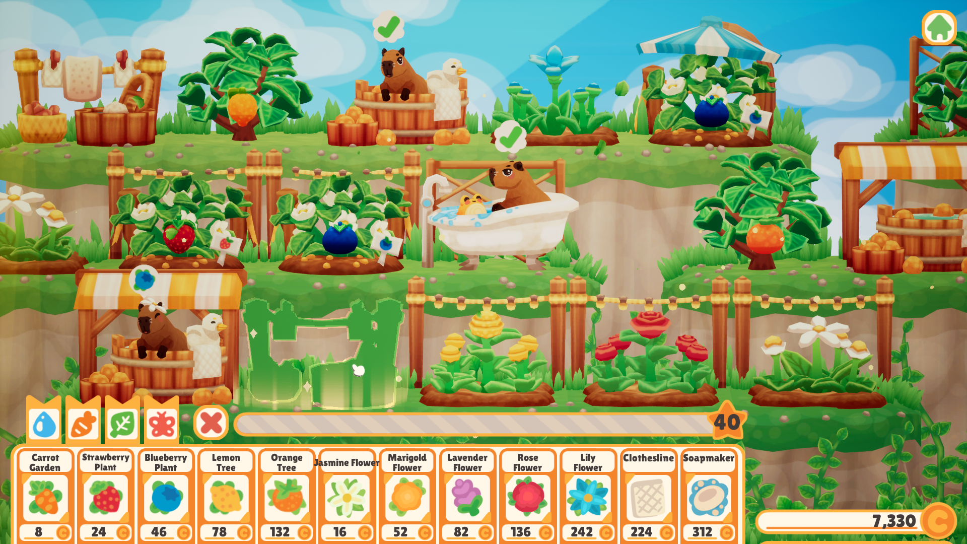 Capybara Spa screenshot featuring furniture items