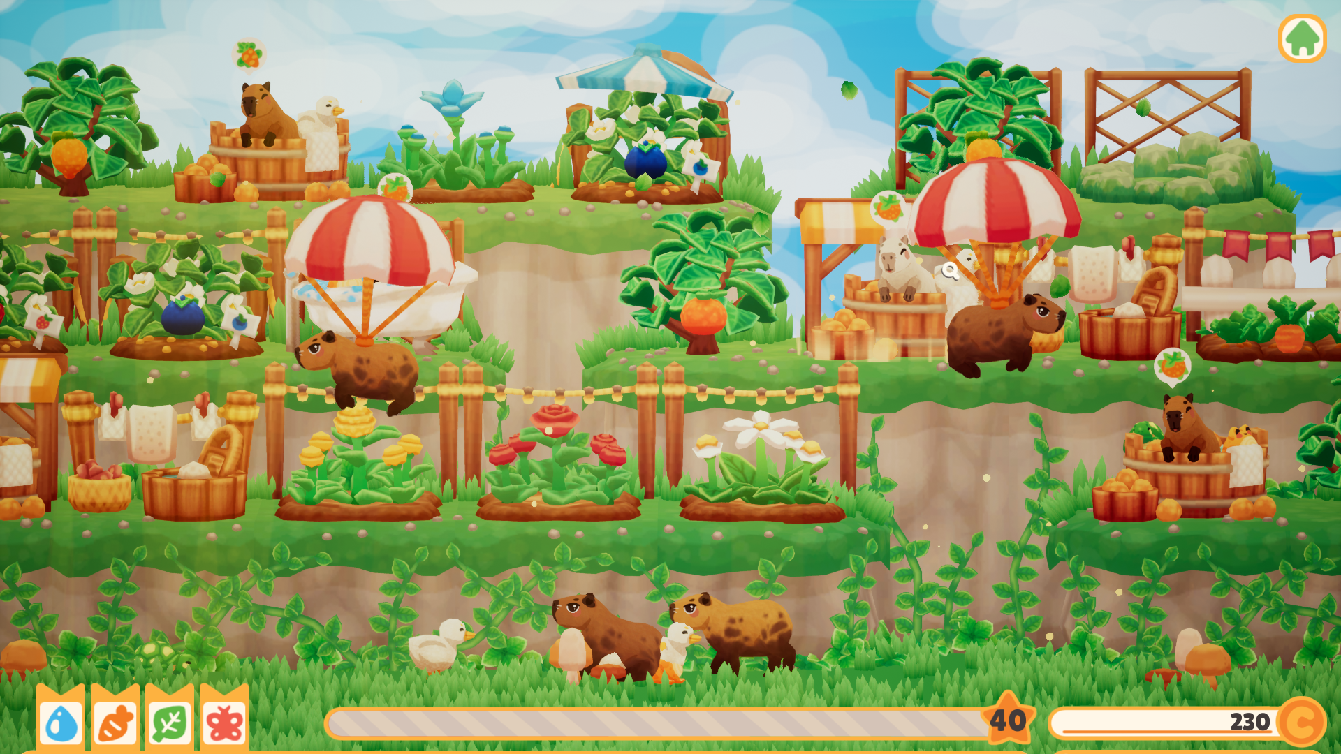 Capybara Spa screenshot with a parachuting capybara